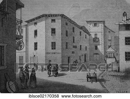 Stock Photo - Home of Giacomo Robustelli, 1583 - 1646, meeting place of the conspirators of Valtellina, the leader of the Spanish party in the Valtellina Valley, during the turmoil of Graubuenden, 1618-1639, Grosotto, Lombardy, Italy, historical engraving, 1883, Europe. Fotosearch