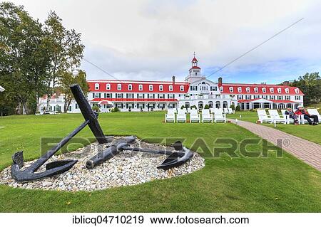 Stock Photo - Hotel Tadoussac at the mouth of the Saguenay Fjord into the St. Lawrence River, Tadoussac, Québec Province, Canada, North America. Fotosearch