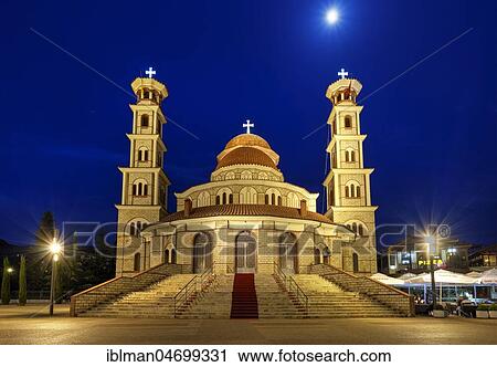 Illuminated Orthodox Resurrection Cathedral, at night, Korca, Korça, Albania, Europe View Large Photo Image Stock Image - Illuminated Orthodox Resurrection Cathedral, at night, Korca, Korça, Albania, Europe. Fotosearch