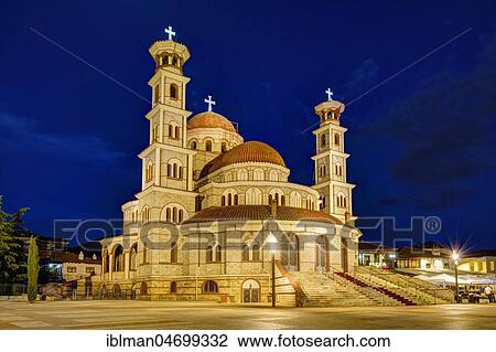 Stock Image - Illuminated Orthodox Resurrection Cathedral, at night, Korca, Korça, Albania, Europe. Fotosearch