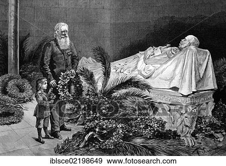 Stock Photo - In the crypt of the warlord, historic wood engraving, about 1897. Fotosearch