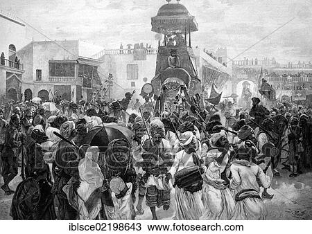 Stock Image - Indian military parade, Muharrem festival in Hyderabad, India, historic wood engraving, about 1897, Asia. Fotosearch