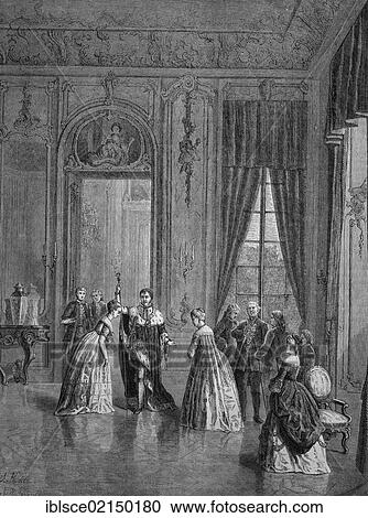 Stock Image - Inside Schloss Wilhelmsthal Palace, historical woodcut, circa 1870. Fotosearch