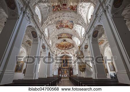 Stock Photo - Interior view with chancel and ceiling frescoes and stucco, Basilica St. Quirin, monastery, Tegernsee Castle, Tegernsee, Upper Bavaria, Bavaria, Germany, Europe. Fotosearch