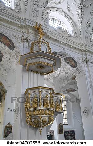 Interior view with pulpit, Basilica St. Quirin, monastery, Tegernsee Castle, Tegernsee, Upper Bavaria, Bavaria, Germany, Europe View Large Photo Image Stock Photo - Interior view with pulpit, Basilica St. Quirin, monastery, Tegernsee Castle, Tegernsee, Upper Bavaria, Bavaria, Germany, Europe. Fotosearch