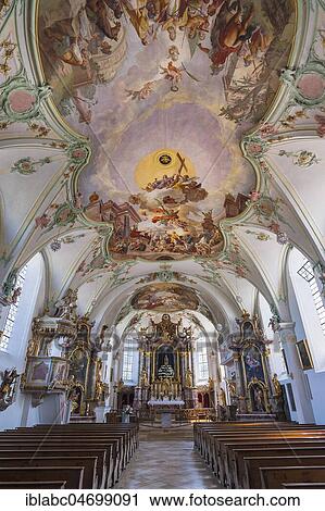 Stock Image - Interior with altar and ceiling fresco, parish church St. Laurentius, Königsdorf, Upper Bavaria, Bavaria, Germany, Europe. Fotosearch