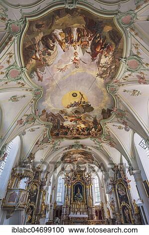 Interior with altar and ceiling fresco, parish church St. Laurentius, Königsdorf, Upper Bavaria, Bavaria, Germany, Europe View Large Photo Image Stock Image - Interior with altar and ceiling fresco, parish church St. Laurentius, Königsdorf, Upper Bavaria, Bavaria, Germany, Europe. Fotosearch