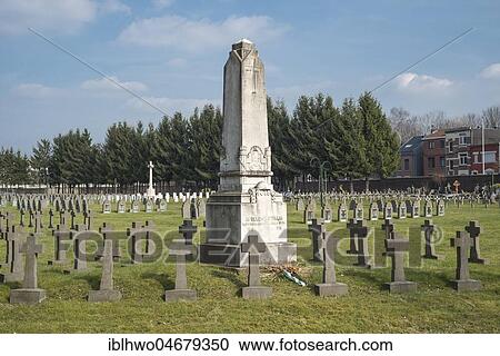 Stock Image - Italian military cemetery, obelisk and crosses, conquest of Liège was the first major offensive operation, World War I, Liège, Wallonia, Belgium, Europe. Fotosearch