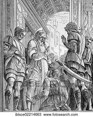 Stock Image - James the Elder, one of the twelve apostles of Jesus, historical woodcut, circa 1888. Fotosearch
