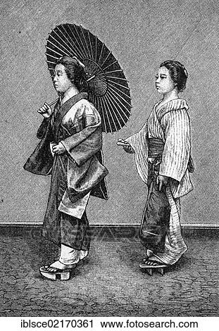 Japanese woman's lives, woman with a servant in the street, historical engraving, 1883 View Large Photo Image Stock Image - Japanese woman's lives, woman with a servant in the street, historical engraving, 1883. Fotosearch