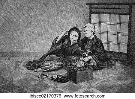 Japanese women's lives, drinking tea, historic engraving, 1883 View Large Photo Image Stock Photograph - Japanese women's lives, drinking tea, historic engraving, 1883. Fotosearch