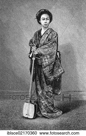 Japanese women's lives, geisha holding a shamisen, historical engraving, 1883 View Large Photo Image Stock Image - Japanese women's lives, geisha holding a shamisen, historical engraving, 1883. Fotosearch