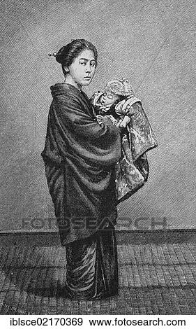 Stock Photo - Japanese women's lives, Japanese mother, historic engraving, 1883. Fotosearch