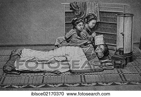 Stock Image - Japanese women's lives, servants at bedtime, historic engraving, 1883. Fotosearch
