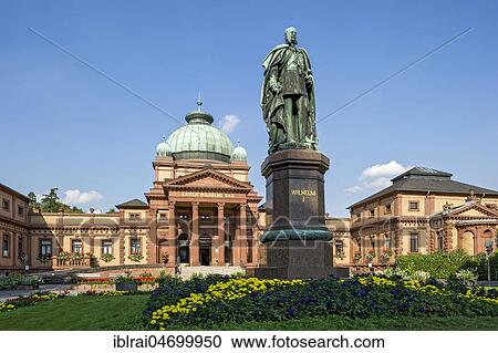 Stock Image - Kaiser-Wilhelms-Bad, statue of Kaiser Wilhelm I., bronze monument, spa garden, Bad Homburg, Hesse, Germany, Europe. Fotosearch