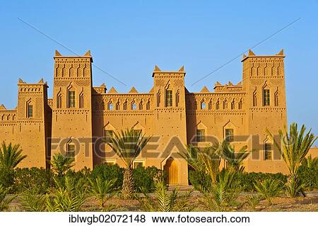 Stock Photo - Kasbah with ornamental decorations, residential mud-brick castle of the Berbers, Tighremt, Ouarzazate, southern Morocco, Morocco, Africa. Fotosearch