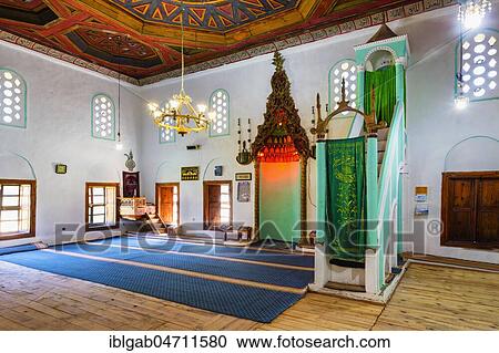 Stock Image - King's Mosque, Xhamia Mbret, Prayer Hall, Wooden carved ceiling, Berat, Albania, Europe. Fotosearch