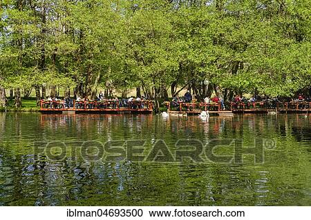 Stock Image - Lakefront Restaurant, Drilon National Park near Pogradec, Korca Region, Albania, Europe. Fotosearch