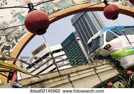 Stock Image - Lanterns and monorail at the entrance of Koon Yam Guanyin Temple, Chinatown, Kuala Lumpur, Malaysia, Southeast Asia, Asia. Fotosearch