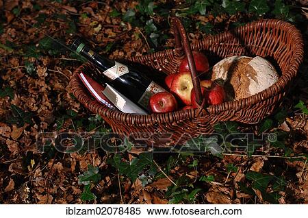 Little Red Riding Hood-style basket in the forest filled with wine, apples and bread View Large Photo Image Stock Photography - Little Red Riding Hood-style basket in the forest filled with wine, apples and bread. Fotosearch