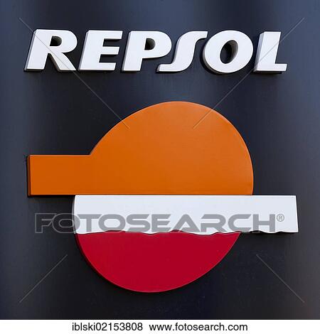 Stock Photo - Logo and logotype of the Spanish oil company Repsol, Madrid, Spain, Europe. Fotosearch