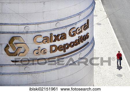 Stock Image - Logo on the headquarters of the largest Portuguese bank CGD, Caixa Geral de Depósitos, in Lisbon, Portugal, Europe. Fotosearch
