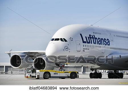 Lufthansa, Airbus, A380-800, in tow with Push Back Truck, Munich Airport, Upper Bavaria, Bavaria, Germany, Europe View Large Photo Image Picture - Lufthansa, Airbus, A380-800, in tow with Push Back Truck, Munich Airport, Upper Bavaria, Bavaria, Germany, Europe. Fotosearch