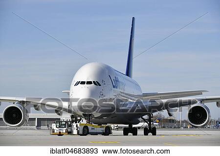 Lufthansa, Airbus, A380-800, in tow with Push Back Truck, Munich Airport, Upper Bavaria, Bavaria, Germany, Europe View Large Photo Image Stock Image - Lufthansa, Airbus, A380-800, in tow with Push Back Truck, Munich Airport, Upper Bavaria, Bavaria, Germany, Europe. Fotosearch