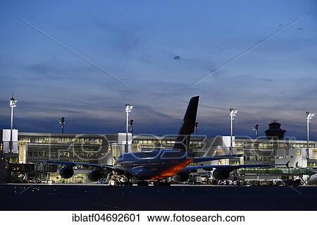 Lufthansa, Airbus, A380-800, is towed with Push Back Truck to position to Terminal 2, Twilight, Munich Airport, Upper Bavaria, Bavaria, Germany, Europe View Large Photo Image Stock Image - Lufthansa, Airbus, A380-800, is towed with Push Back Truck to position to Terminal 2, Twilight, Munich Airport, Upper Bavaria, Bavaria, Germany, Europe. Fotosearch