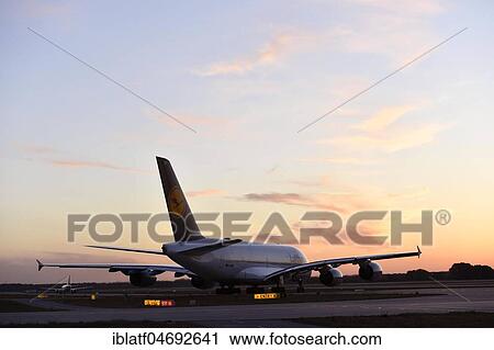Lufthansa, Airbus, A380-800, taxiing on runway north, sunset, Munich Airport, Upper Bavaria, Bavaria, Germany, Europe View Large Photo Image Stock Image - Lufthansa, Airbus, A380-800, taxiing on runway north, sunset, Munich Airport, Upper Bavaria, Bavaria, Germany, Europe. Fotosearch