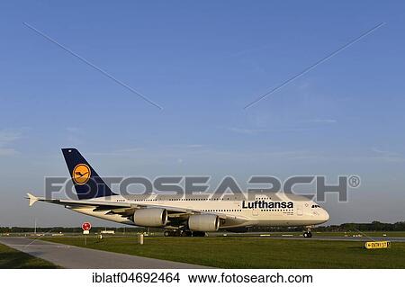 Picture - Lufthansa, Airbus, A380-800, taxiway (taxiway) to runway south, for take-off, Munich Airport, Upper Bavaria, Bavaria, Germany, Europe. Fotosearch