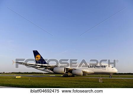 Lufthansa, Airbus, A380-800, taxiway (taxiway) to runway south, for take-off, Munich Airport, Upper Bavaria, Bavaria, Germany, Europe View Large Photo Image Stock Photography - Lufthansa, Airbus, A380-800, taxiway (taxiway) to runway south, for take-off, Munich Airport, Upper Bavaria, Bavaria, Germany, Europe. Fotosearch