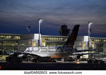 Lufthansa, Airbus, A380-800 with Push Back Truck in front of Terminal 2, dusk, Munich Airport, Upper Bavaria, Bavaria, Germany, Europe View Large Photo Image Stock Image - Lufthansa, Airbus, A380-800 with Push Back Truck in front of Terminal 2, dusk, Munich Airport, Upper Bavaria, Bavaria, Germany, Europe. Fotosearch