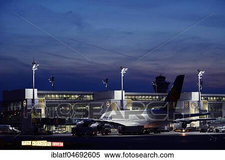 Lufthansa, Airbus, A380-800 with Push Back Truck in front of Terminal 2, dusk, Munich Airport, Upper Bavaria, Bavaria, Germany, Europe View Large Photo Image Stock Photography - Lufthansa, Airbus, A380-800 with Push Back Truck in front of Terminal 2, dusk, Munich Airport, Upper Bavaria, Bavaria, Germany, Europe. Fotosearch