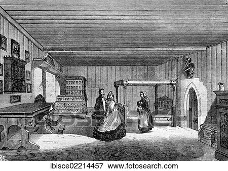 Stock Photo - Luther's Room in Wartburg Castle, Germany, historical wood engraving, circa 1888, Europe. Fotosearch