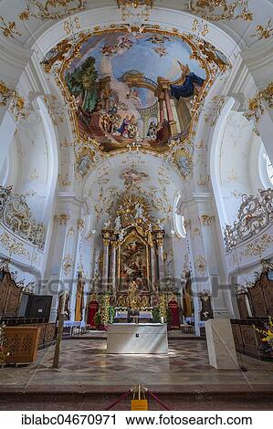 Stock Image - Main altar and ceiling frescoes, Schäftlarn Monastery, Upper Bavaria, Bavaria, Germany, Europe. Fotosearch