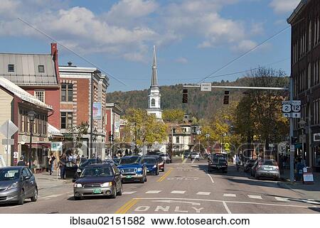 Stock Image - Main street in the historic town centre with a church steeple, Montpelier, Vermont, New England, USA, North America, America, North America. Fotosearch