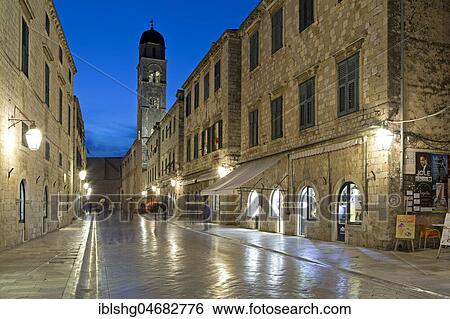 Main street, Placa or Stradun, with Franciscan monastery, in the evening, Old Town, Dubrovnik, Croatia, Europe View Large Photo Image Stock Photograph - Main street, Placa or Stradun, with Franciscan monastery, in the evening, Old Town, Dubrovnik, Croatia, Europe. Fotosearch