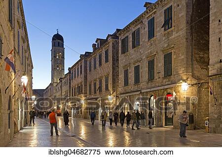 Main street, Placa or Stradun, with Franciscan monastery, dusk, Old Town, Dubrovnik, Croatia, Europe View Large Photo Image Stock Photography - Main street, Placa or Stradun, with Franciscan monastery, dusk, Old Town, Dubrovnik, Croatia, Europe. Fotosearch
