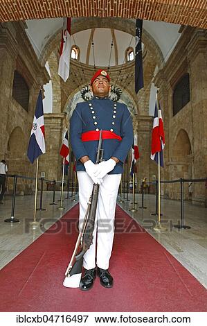 Man in uniform with rifle or guard at the entrance to the National Pantheon, Zona Colonial, Santo Domingo, Dominican Republic, Central America View Large Photo Image Stock Photo - Man in uniform with rifle or guard at the entrance to the National Pantheon, Zona Colonial, Santo Domingo, Dominican Republic, Central America. Fotosearch
