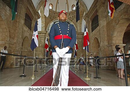 Man in uniform with rifle or guard at the entrance to the National Pantheon, Zona Colonial, Santo Domingo, Dominican Republic, Central America View Large Photo Image Stock Photo - Man in uniform with rifle or guard at the entrance to the National Pantheon, Zona Colonial, Santo Domingo, Dominican Republic, Central America. Fotosearch