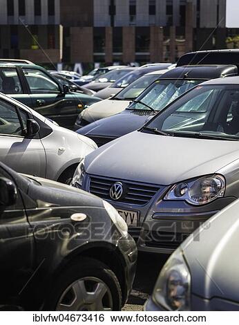Stock Photograph - Many cars close in line on a parking lot, San Cristóbal de La Laguna, Tenerife, Canary Islands, Canary Islands, Spain, Europe. Fotosearch