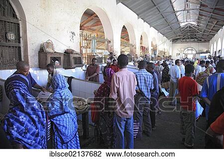 Stock Image - Market hall in Stone Town, Zanzibar, Tanzania, Africa. Fotosearch