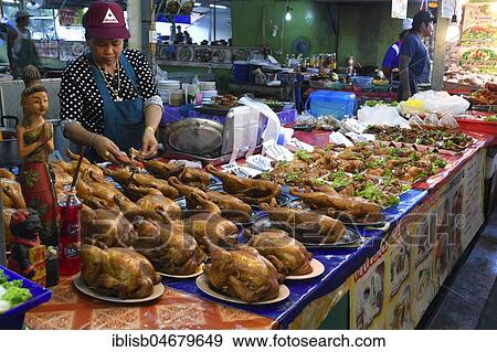 Stock Photo - Market stall with typical local food, Naka Weekend Market, Phuket, Thailand, Asia. Fotosearch