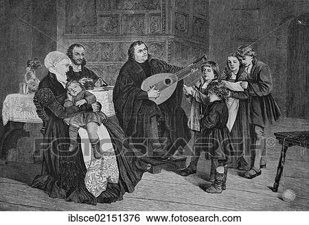 Stock Photograph - Martin Luther, church choir in the house, historical engraving, 1869. Fotosearch