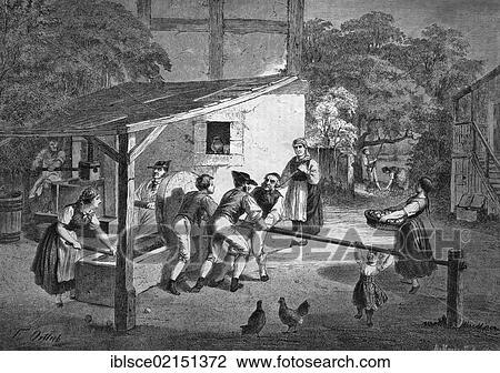Stock Image - Men working on a must press in Swabia, Germany, historical engraving, 1869, Europe. Fotosearch