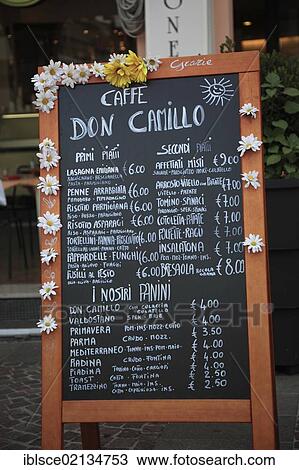 Menu of the restaurant Don Camillo in Brescello, Emilia Romagna, Italy, Europe View Large Photo Image Stock Image - Menu of the restaurant Don Camillo in Brescello, Emilia Romagna, Italy, Europe. Fotosearch