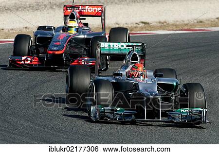 Michael Schumacher, GER, Mercedes AMG-Mercedes F1 W03, ahead of Lewis Hamilton, GB, McLaren-Mercedes MP4-27 Formula 1 testing sessions, February 2012, Barcelona, Spain, Europe View Large Photo Image Stock Photograph - Michael Schumacher, GER, Mercedes AMG-Mercedes F1 W03, ahead of Lewis Hamilton, GB, McLaren-Mercedes MP4-27 Formula 1 testing sessions, February 2012, Barcelona, Spain, Europe. Fotosearch