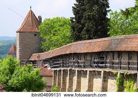 Stock Image - Military corridor, city wall, military defence tower, Rothenburg ob der Tauber, Middle Franconia, Bavaria, Germany, Europe. Fotosearch