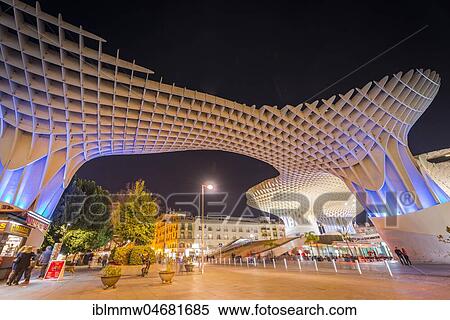 Stock Photography - Modern architecture, wooden structure Metropol Parasol, illuminated at night, Plaza de la Encarnacion, Seville, Andalusia, Spain, Europe. Fotosearch